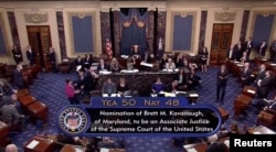 视频截图显示美国国会参议院10月6日以50比48票确认布雷特·卡瓦诺出任美国最高法院大法官。