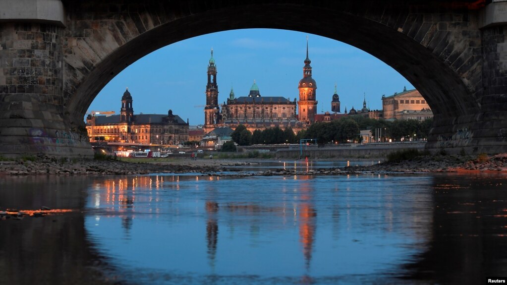 The skyline of Dresden's old town district is seen while water level in Elbe river dropped to an extreme low this summer in Dresden, Germany