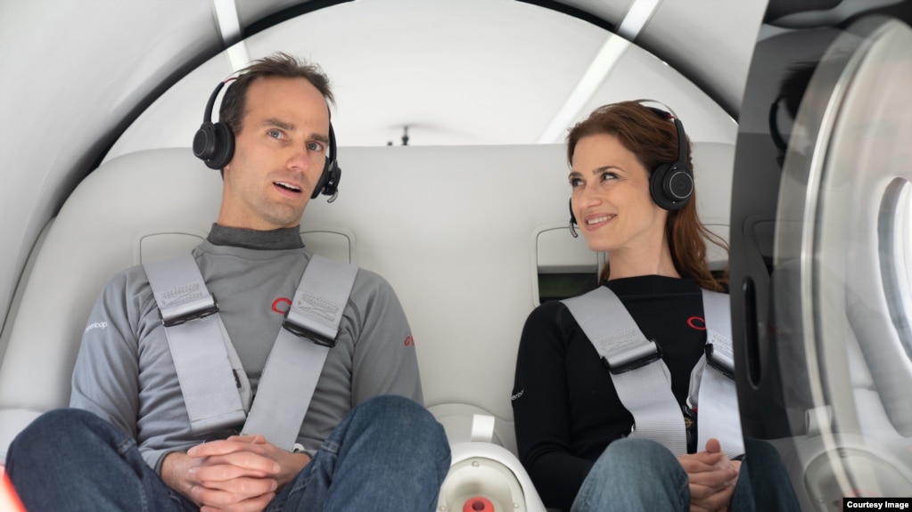 Virgin Hyperloop executives Josh Giegel, its Chief Technology Officer, and Sara Luchian, Director of Passenger Experience, were the first passengers to ride the transportation system during a recent test at the company's DevLoop test site in Las Vegas, Ne