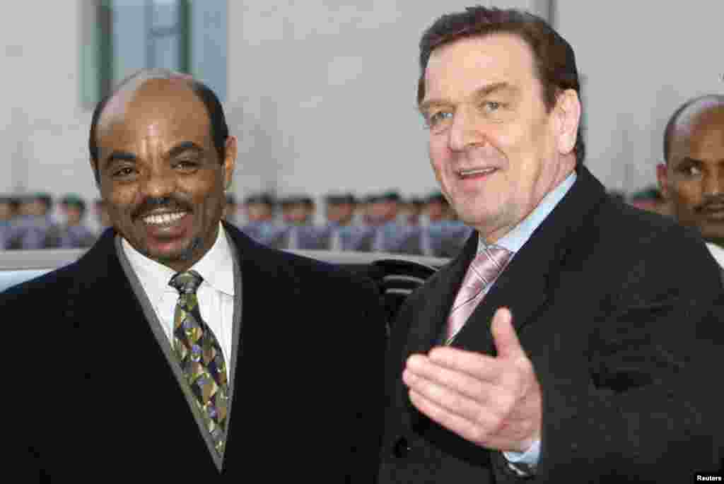 German Chancellor Gerhard Schroeder welcomes Meles to Berlin, Germany, February 5, 2002.
