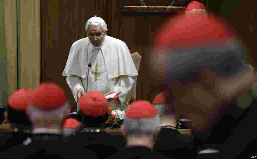 Pope Benedict XVI delivers his message to cardinals he summoned for a day of reflection at the Vatican, Friday, Nov. 19, 2010, the day before a ceremony to create 24 new cardinals. The top agenda, religious freedom, grew remarkably timely given China's pl
