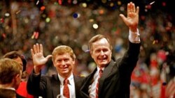 Vice President George Bush, right, and his running mate, Indiana Senator Dan Quayle, at the Republican National Convention in 1988