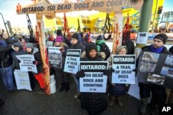 Members of People for the Ethical Treatment of Animals protest prior to the ceremonial start of the Iditarod Trail Sled Dog Race, March 2, 2019, in Anchorage, Alaska.