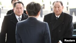FILE - Vice chairman of the North Korean ruling party's central committee Kim Yong Chol and Ri Son-kwon, chairman of the Committee for the Peaceful Reunification of the Fatherland, arrive in Seoul, South Korea, Feb. 25, 2018. 