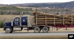 FILE - A load of Maine logs is trucked through Fort Fairfield, Maine, by a Canadian driver on his way to a mill in New Brunswick, Canada, April 21, 2004.
