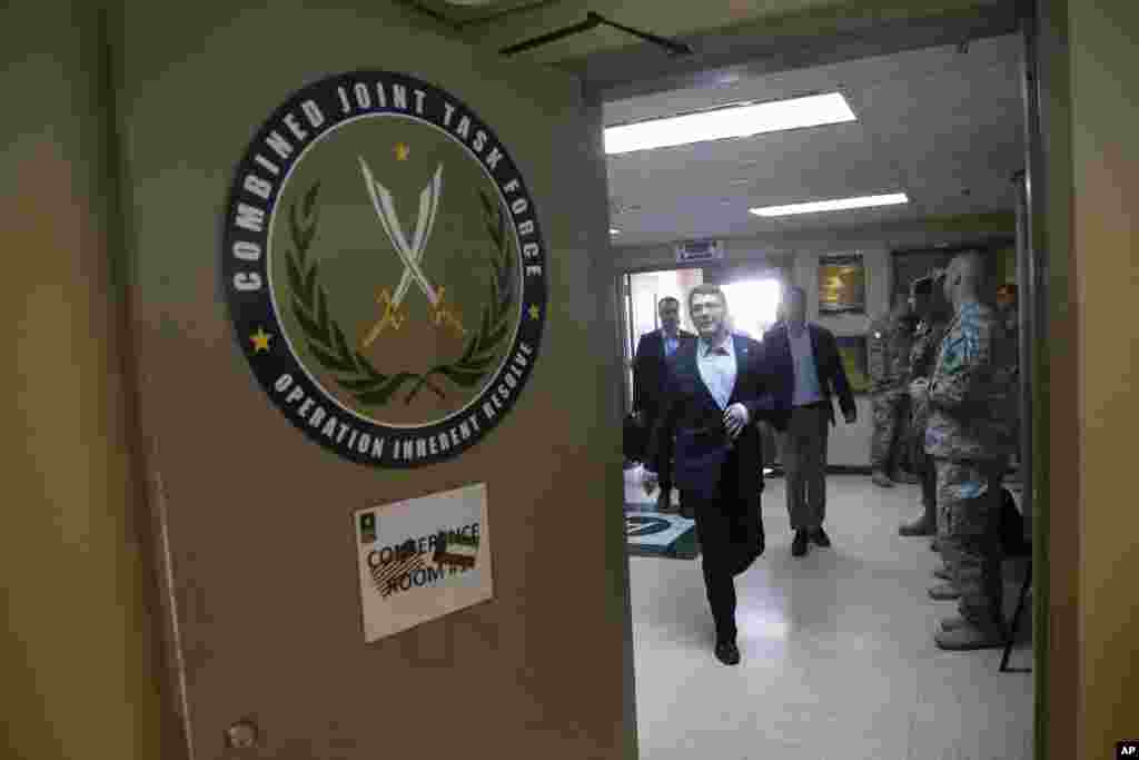 U.S. Defense Secretary Ashton Carter arrives for a regional security meeting at Camp Arifjan, Kuwait, Feb. 23, 2015.