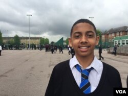 "He's a Muslim, he came to this school and now he is mayor of London, the first Muslim mayor of London," said 15-year-old Shakir Bouamri, a student at South London's Ernest Bevin College. (L. Ramirez/VOA)
