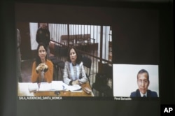 Peru's former President Ollanta Humala, and his wife Nadine Heredia, who are under preventative detention, attend a court hearing via video link, in Lima, Peru, July 31, 2017.