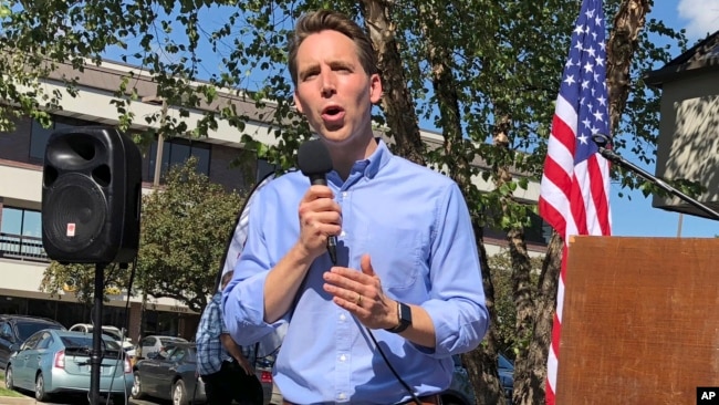 Missouri GOP Attorney General Josh Hawley speaks to voters during a stop in Columbia, Mo., Sept. 12, 2018.