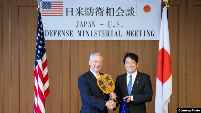 日本防卫相小野寺五典2018年6月29日会见美国防长马蒂斯