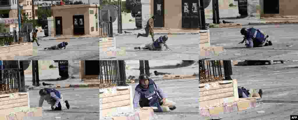A six picture combo shows from top left to bottom right : AFP reporter Sammy Ketz, take cover as a Syrian soldier runs past during sniper fire in Syria's ancient Christian town of Maalula, scene of recent fighting between pro-government troops and rebel forces.