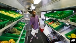 The fresh fruits and vegetables on the Fresh Stop bus, a mobile market, in Eatonville, Florida. 