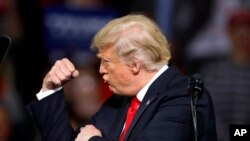 President Donald Trump addresses the crowd during a campaign rally Saturday, Oct. 6, 2018, in Topeka, Kan. 