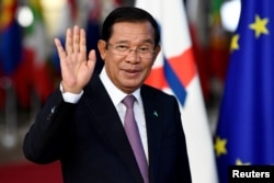 This photo taken on Oct. 18, 2018 shows Cambodia's Prime Minister Hun Sen arrives at the ASEM leaders summit in Brussels, Belgium.