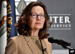 FILE - CIA Director Gina Haspel addresses the audience as part of the McConnell Center Distinguished Speaker Series at the University of Louisville, Sept. 24, 2018, in Louisville, Kentucky.