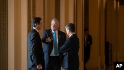 Rep. Mark Meadows, R-N.C., center, chairman of the conservative House Freedom Caucus, flanked by Rep. Tom Graves, R-Ga., Rep. Jeb Hensarling, R-Texas, talk before a series of votes in the House, at the Capitol in Washington, Thursday, June 21, 2018.