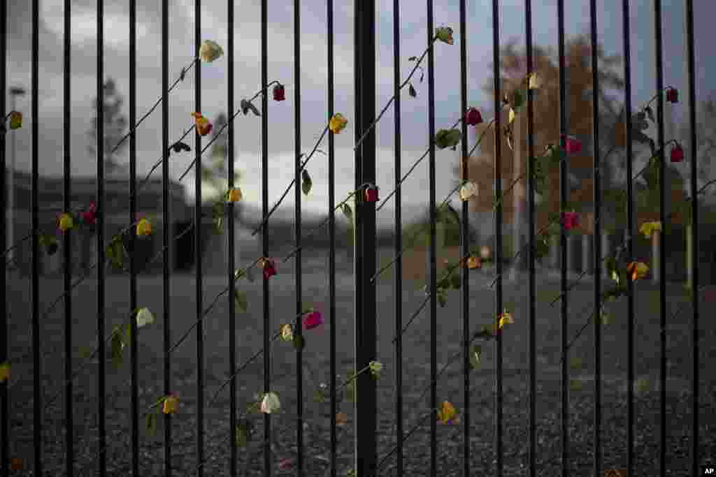 Roses adorn a makeshift memorial to victims of the Dec. 2 mass shooting, near the Inland Regional Center in San Bernardino, California.