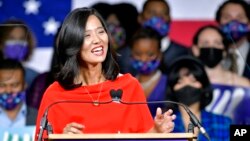 Boston Mayor-elect Michelle Wu addresses supporters at her election night party, in Boston, Nov. 2, 2021. 