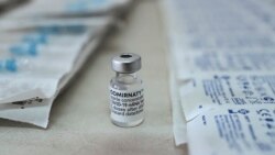 This photograph shows a vial of Pfizer/BioNTech vaccine against the Covid-19 (novel coronavirus) at the health center of Elafonissos, on the Elafonissos Island, on April 23, 2021.