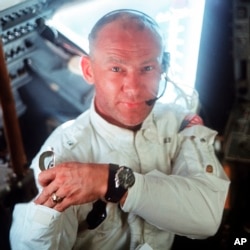 FILE: Edwin "Buzz" Aldrin in the Apollo 11 Lunar Module. Omega issued a limited edition Speedmaster watch, a tribute to the one that Aldrin wore to the moon 50 years ago..