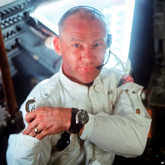 In this photo, astronaut Edwin "Buzz" Aldrin is in the Apollo 11 Lunar Module. Omega issued a limited edition Speedmaster watch, to honor the one that Aldrin wore to the moon 50 years ago. (File Photo)