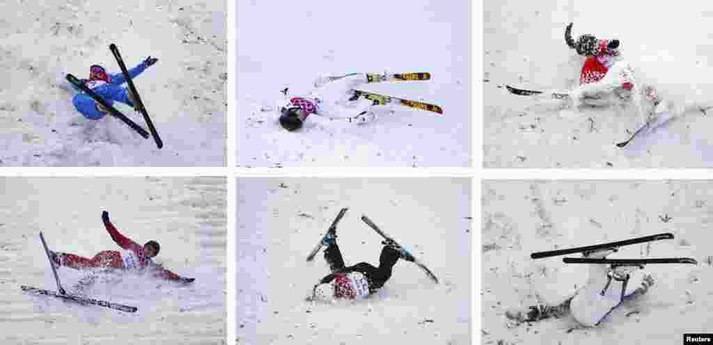 A combination picture shows (top row L-R) Belarus' Hanna Huskova, Australia's Laura Peel, China's Zhang Xin, (bottom row L-R) Russia's Alexandra Orlova, Ukraine's Anastasiya Novosad, Australia's Lydia Lassila crashing during the women's freestyle skiing aerials qualification round at the 2014 Sochi Winter Olympic Games in Rosa Khutor, Russia.