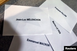 Names of 2017 French presidential election candidates are printed during the first round of 2017 French presidential election in Paris, France, April 23, 2017.
