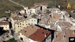 FILE - An aerial view of Castelluccio di Norcia the day after a strong earthquake hit central Italy, Oct. 31, 2016.