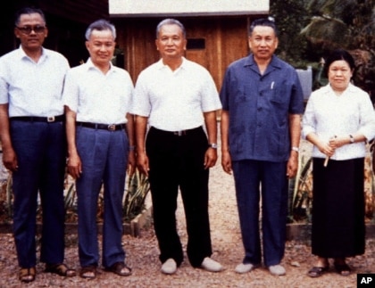 Pol Pot stands, second from the right, with other Khmer Rouge leaders.