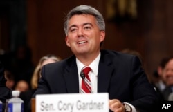 FILE - Sen. Cory Gardner, R-Colo., speaks during a Senate Judiciary Committee hearing on Capitol Hill, in Washington, Sept. 20, 2017.