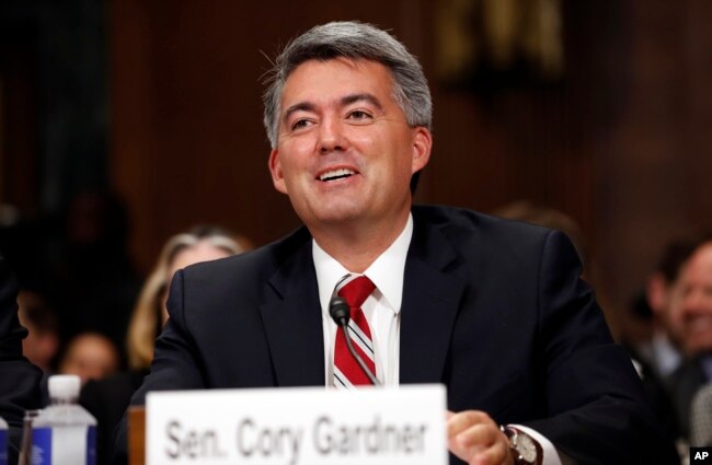 FILE - Sen. Cory Gardner, R-Colo., speaks during a Senate Judiciary Committee hearing on Capitol Hill, in Washington, Sept. 20, 2017.