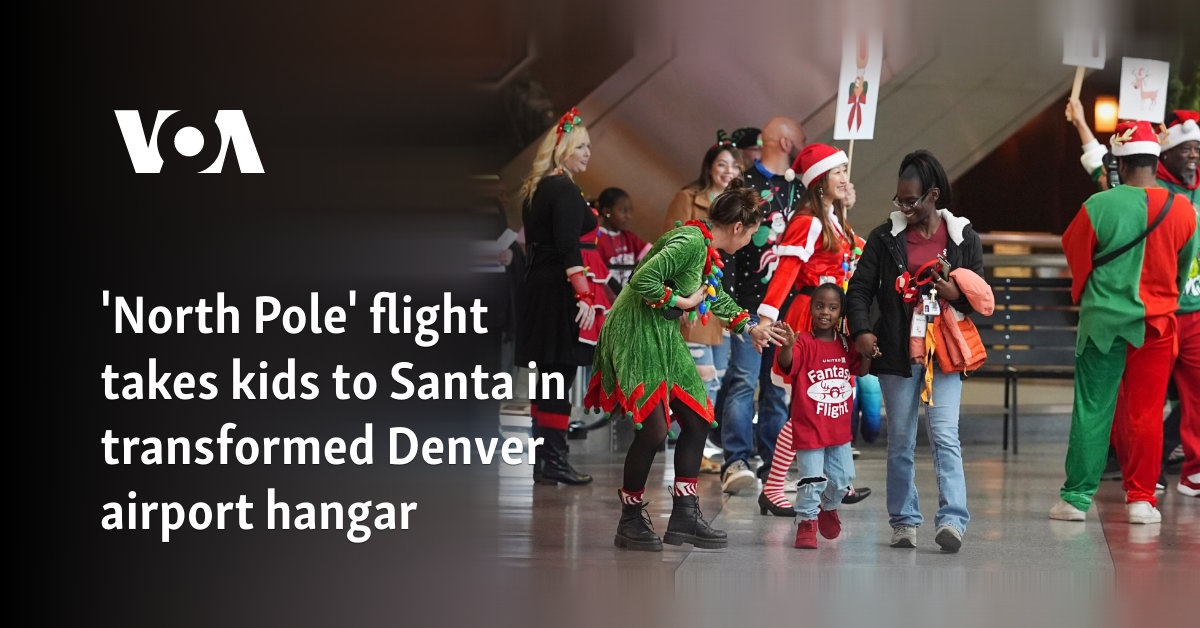 ‘North Pole’ flight takes kids to Santa in transformed Denver airport hangar