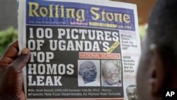 FILE: A Ugandan man reads the headline of the Ugandan newspaper "Rolling Stone" in Kampala, Uganda. The country is strongly anti-gay and LGTBQ, and is considering even tougher laws against such persons. Taken Oct. 19, 2010