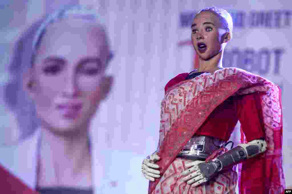 The humanoid robot Sophia, developed by Hong Kong-based company Hanson Robotics, appears on stage during a session on artificial intelligence in Kolkata, India.