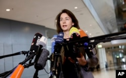 Justice Minister Katarina Barley delivers a statement in Berlin, March 22, 2018. Barley says she is calling in Facebook's European leadership to explain the scandal involving data mining firm Cambridge Analytica and detail whether German users' data were affected.