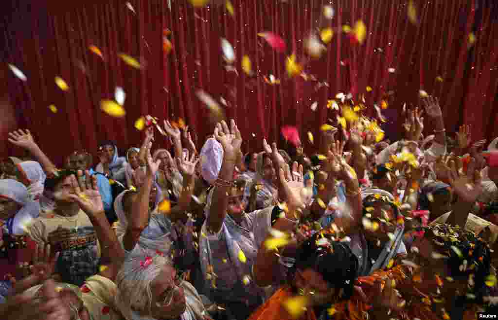 Widows raise their hands as they throw flowers into the air during a Holi celebration, March 24, 2013.