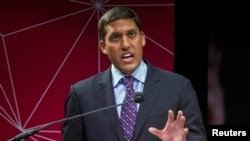 FILE - U.S. Agency for International Development (USAID) Administrator Rajiv Shah speaks during the conference in New York, April 3, 2014. 