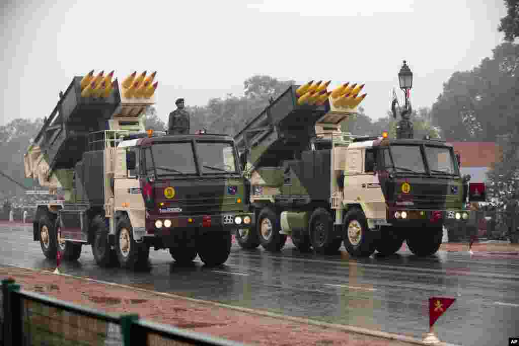 Military weapons move along the Republic Day Parade route in New Delhi, India, Jan. 26, 2015.