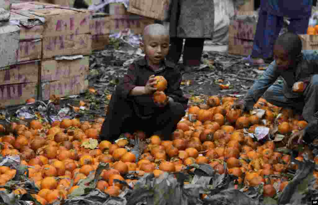 Pakistani children browse through a pile of rotten oranges thrown by vendors at a fruit market in Lahore.