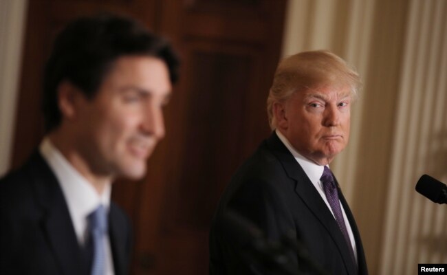 FILE - U.S. President Donald Trump listens to Canadian Prime Minister Justin Trudeau during a joint news conference at the White House in Washington, Feb. 13, 2017.