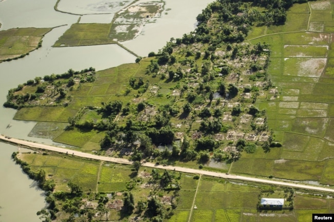 Aerial view of a burnt Rohingya village near Maungdaw in Rakhine state, Myanmar, Sept. 20, 2018.