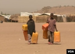 FILE - Children treck long distances to fetch water, near Minawao refugee camp in northern Cameroon, Feb. 9 2018. (M. Kindzeka/VOA)