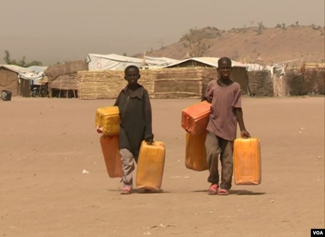 FILE - Children treck long distances to fetch water, near Minawao refugee camp in northern Cameroon, Feb. 9 2018. (M. Kindzeka/VOA)