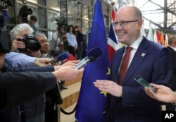 FILE - Czech Republic's Prime Minister Bohuslav Sobotka gives a statement as he arrives for an EU summit at the Europa building in Brussels, Belgium, April 29, 2017.