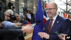 Czech Republic's Prime Minister Bohuslav Sobotka gives a statement as he arrives for an EU summit at the Europa building in Brussels, Belgium, April 29, 2017.