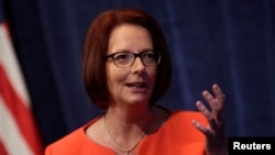 FILE - Former Australian Prime Minister Julia Gillard speaks at a policy forum in Washington, Oct. 24, 2013.