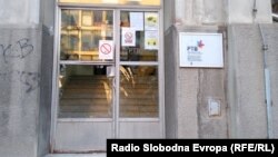 Serbia -- A broken window at the entrance of the Radio Television of Vojvodina in Novi Sad during the anti government protest, July 8, 2020.