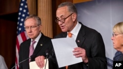 From left, Senate Majority Leader Harry Reid of Nev., Sen. Charles Schumer, D-N.Y., and Senate Budget Committee Chair Sen. Patty Murray, D-Wash., announce that President Barack Obama has invited the top leaders in Congress to meet with him at the White Ho