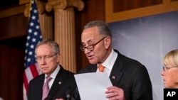 From left, Senate Majority Leader Harry Reid of Nev., Sen. Charles Schumer, D-N.Y., and Senate Budget Committee Chair Sen. Patty Murray, D-Wash., announce that President Barack Obama has invited the top leaders in Congress to meet with him at the White Ho