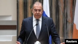 Russian Foreign Minister Sergei Lavrov speaks during a news conference at the Ministry of Foreign Affairs in Nicosia, Cyprus, May 18, 2017. 